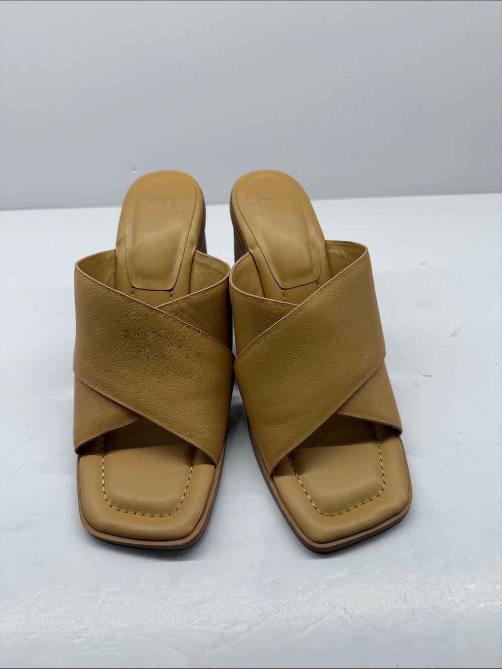 Marc Fisher Tan Crisscross Leather Mule Slides